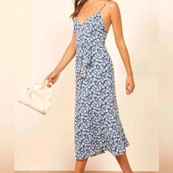 REFORMATION Flourish Ivory Floral Print DIETRICH A-Line Tie Waist Crepe Dress 2P - Picture 2 of 16